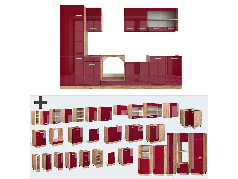 Cuisine rouge brillant/chêne doré 300x46x81.6 r-line