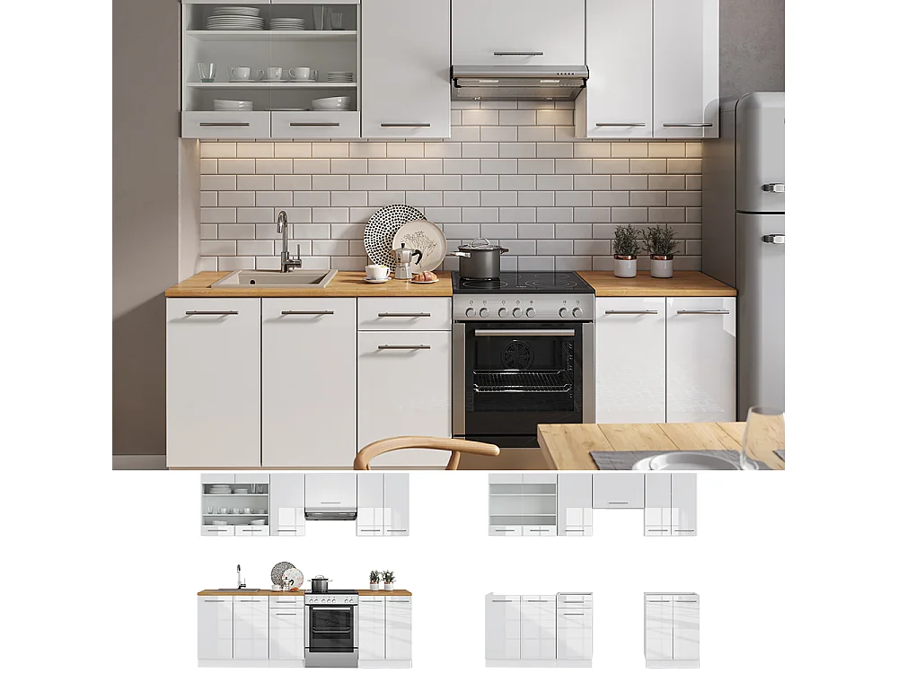 Mueble de cocina blanco alto brillo/blanco 240x46x81.6 fame-line
