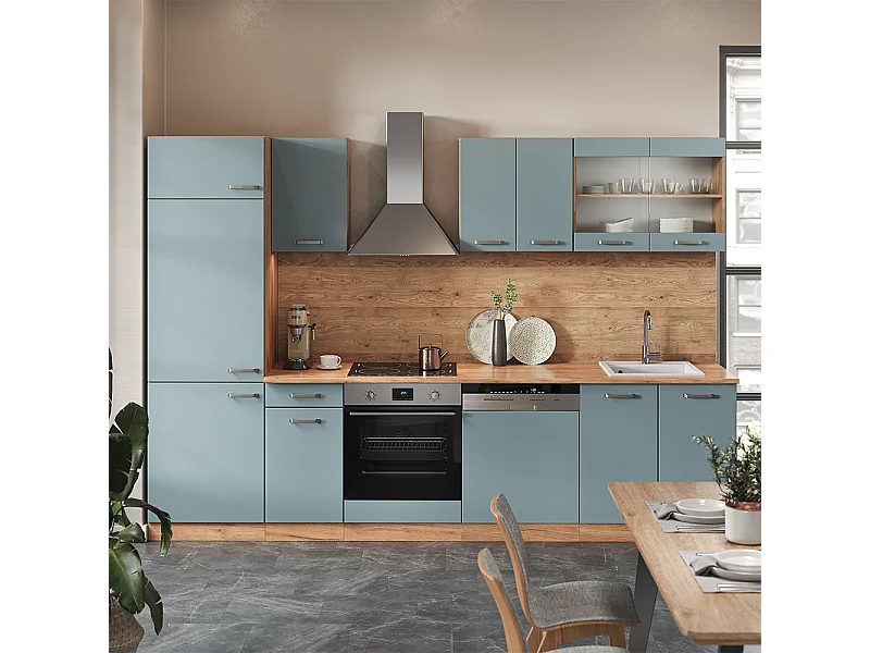 Complete keukeneenheid blauw-grijs/gouden eik 300x46x81.6 r-line