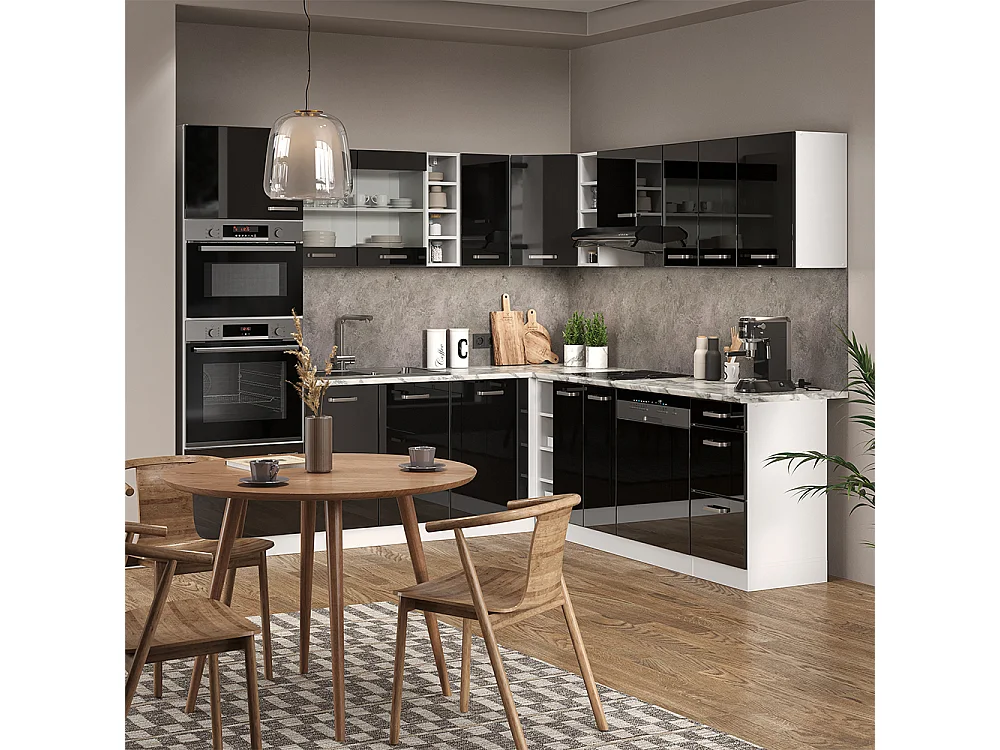 Cocina esquinera negro brillo/blanco 247x46x81.6 r-line