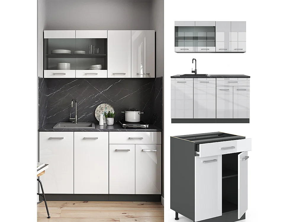 Cuisine blanc brillant/anthracite 140x60x81.6 r-line