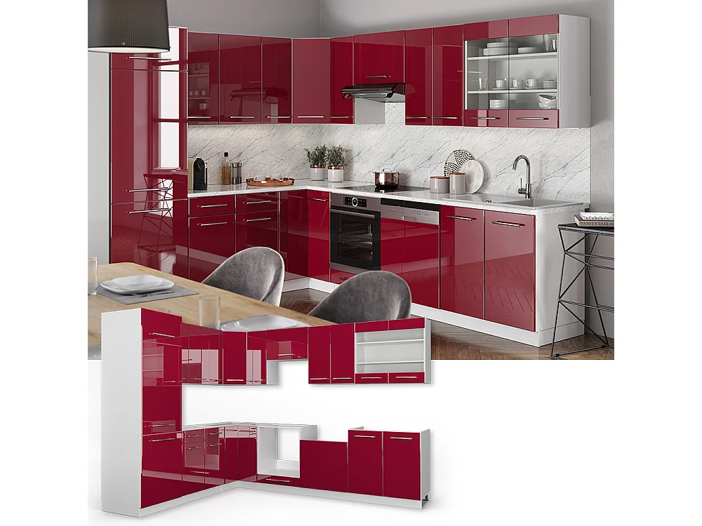 Cuisine en angle bordeaux haute brillance/blanc 287x60x81.6 fame-line