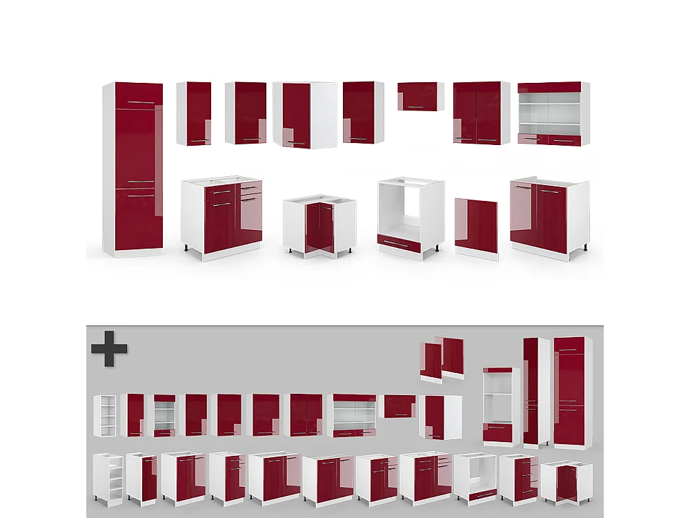 Cuisine en angle bordeaux haute brillance/blanc 287x60x81.6 fame-line