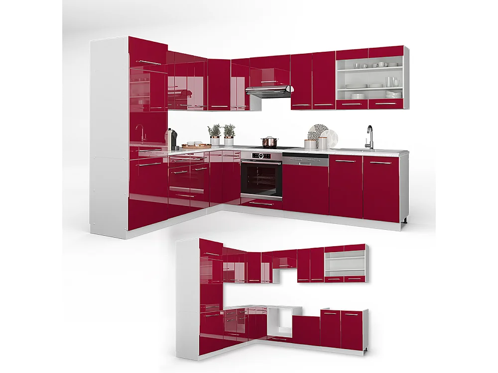 Cuisine en angle bordeaux haute brillance/blanc 287x60x81.6 fame-line