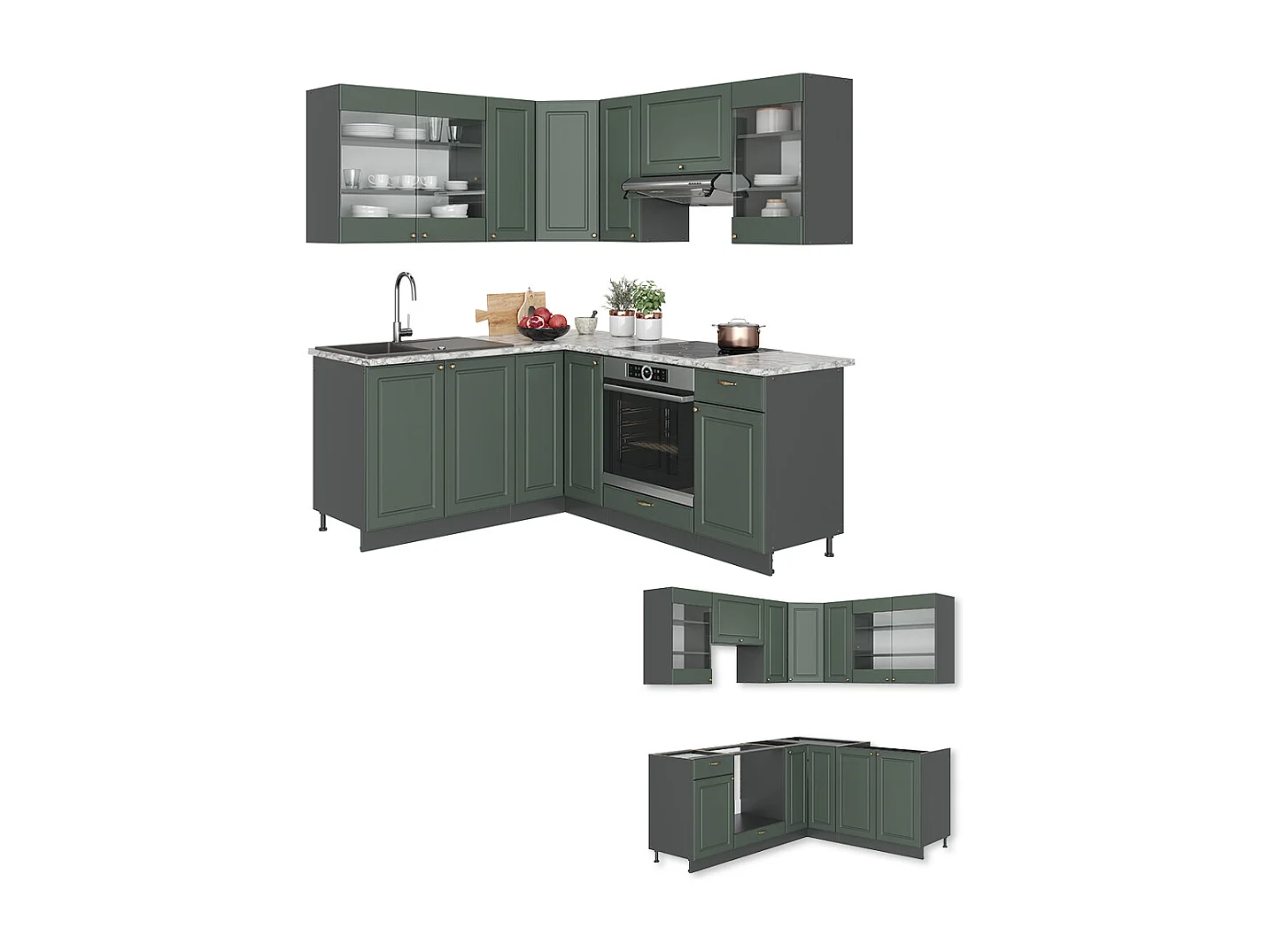 Cuisine en angle vert et or campagne/anthracite 190x60x81.6 fame-line