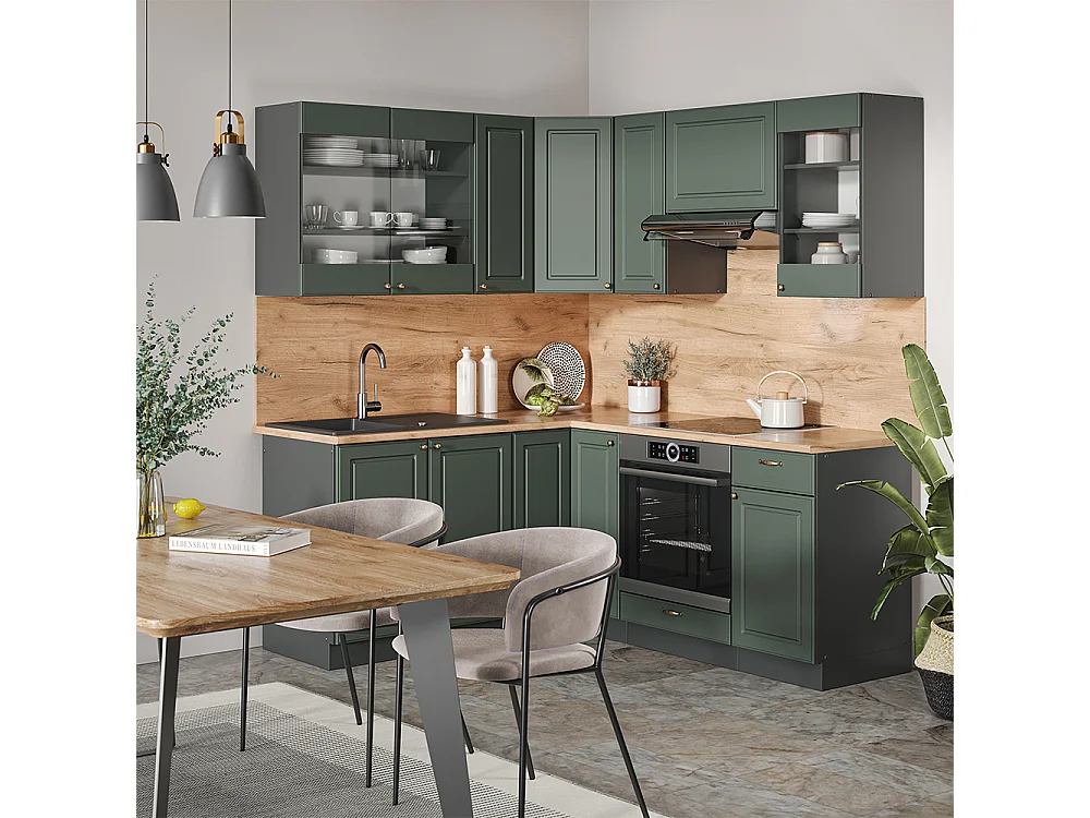 Hjørnekøkken grøn guld country/antracit 190x60x81.6 fame-line