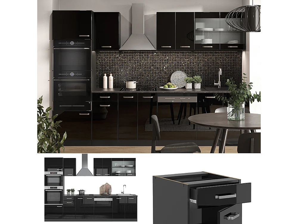 Cuisine noir brillant/anthracite 300x46x81.6 r-line