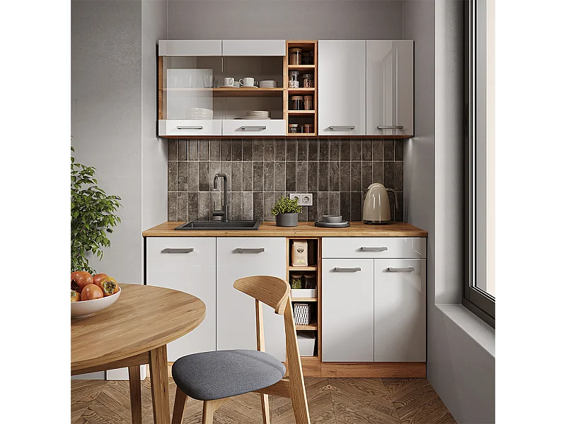 Cuisine blanc brillant/chêne doré 160x46x81.6 r-line