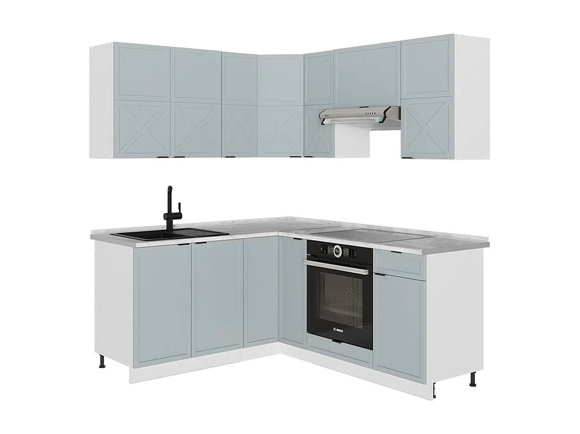 Cuisine en angle bleu clair-gris/blanc 190x46x81.6 fame-line