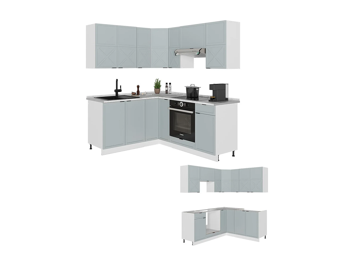 Cuisine en angle bleu clair-gris/blanc 190x46x81.6 fame-line