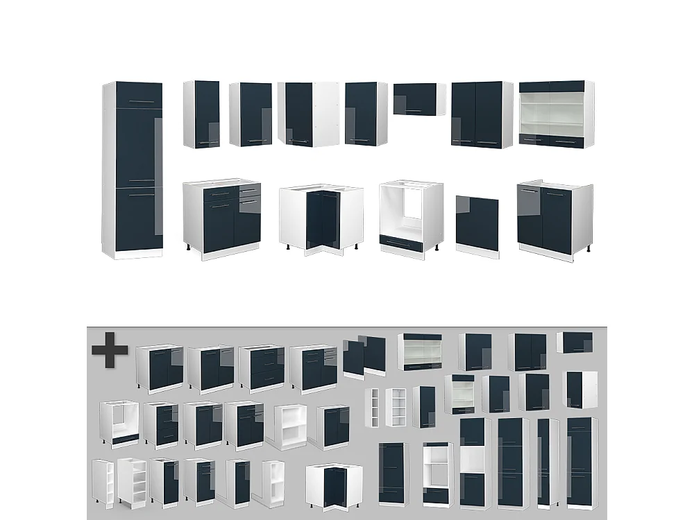 Cucina ad angolo blu scuro lucido/bianco 287x46x81.6 fame-line