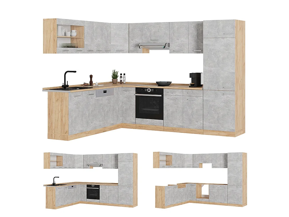 Cuisine en angle béton/chêne de force doré 287x46x81.6 r-line