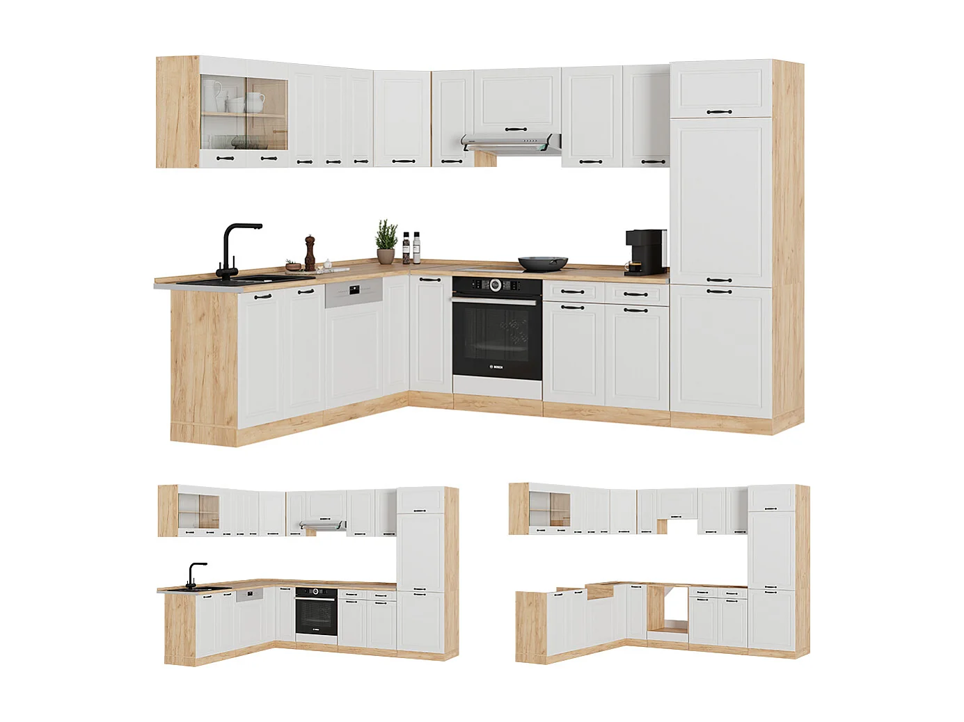 Cuisine en angle blanc campagnard/chêne doré 287x60x81.6 r-line