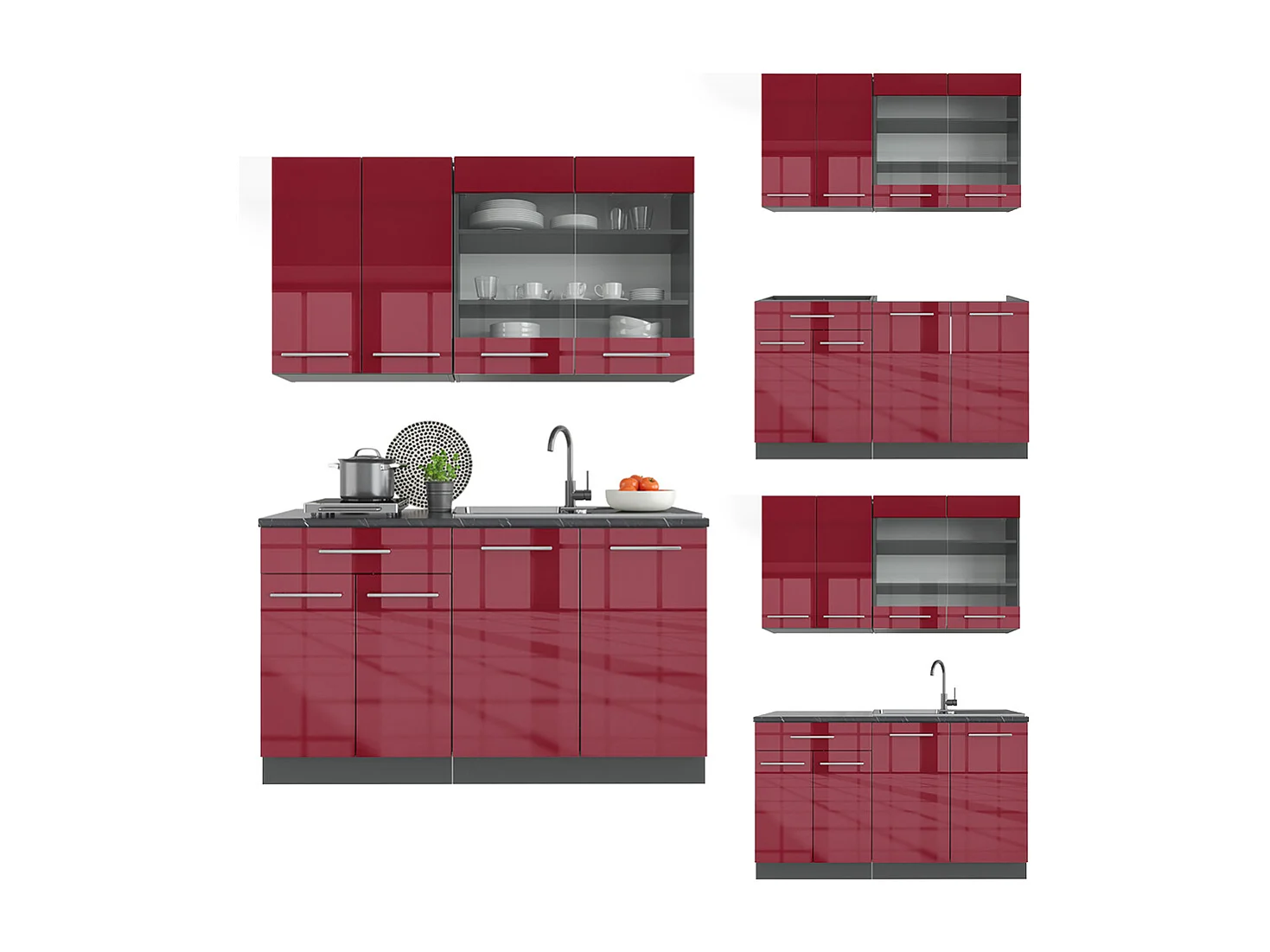 Cucina completa bordeaux lucido/antracite 140x60x81.6 fame-line