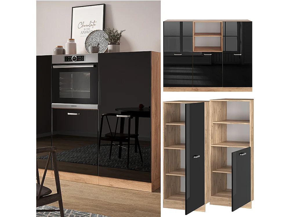 Bloc de cuisine noir brillant/chêne doré 180x46x81.6 r-line