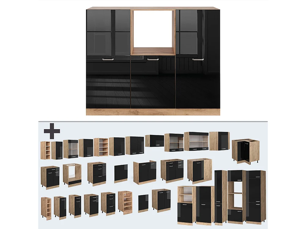 Bloc de cuisine noir brillant/chêne doré 180x46x81.6 r-line