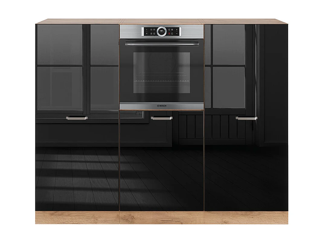 Bloc de cuisine noir brillant/chêne doré 180x46x81.6 r-line