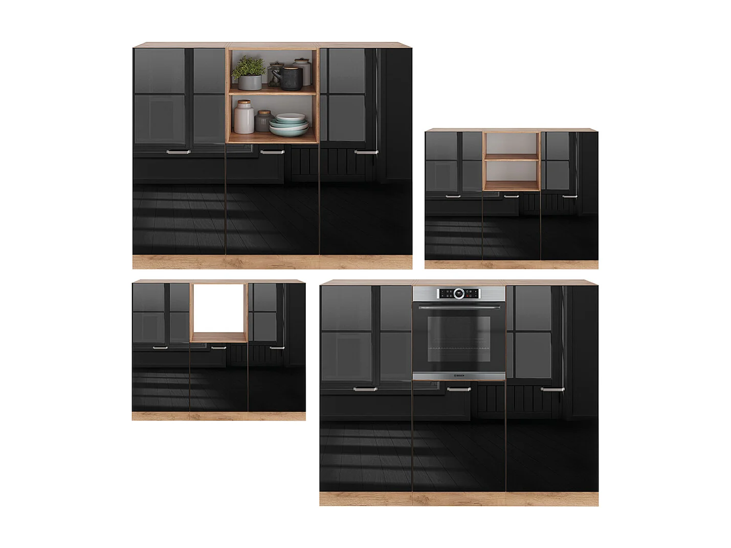 Bloc de cuisine noir brillant/chêne doré 180x46x81.6 r-line