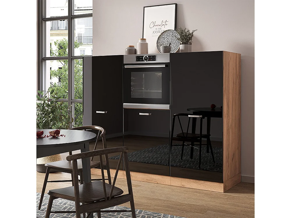 Bloc de cuisine noir brillant/chêne doré 180x46x81.6 r-line