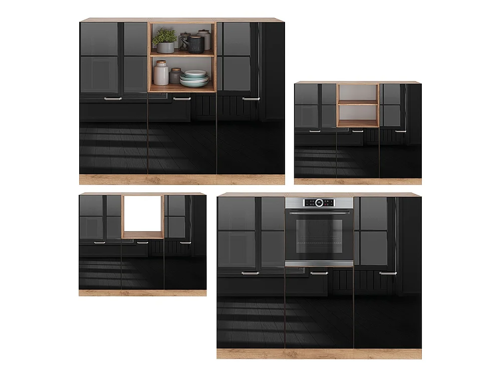 Bloc de cuisine noir brillant/chêne doré 180x46x81.6 r-line