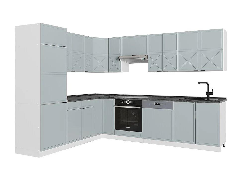 Cuisine en angle bleu clair-gris/blanc 287x60x81.6 fame-line