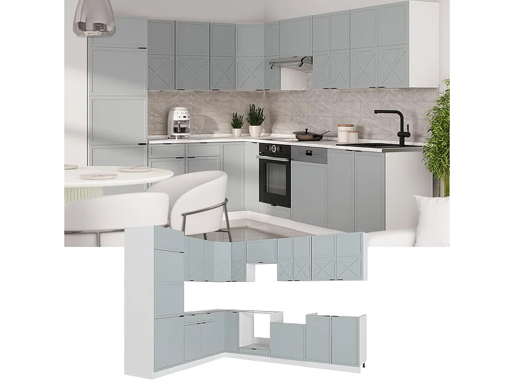 Cocina esquinera azul claro-gris/blanco 287x60x81.6 fame-line