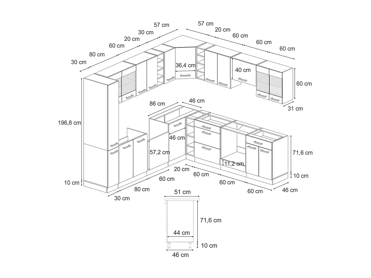 Hörnkök svart betong/vit 247x60x81.6 r-line