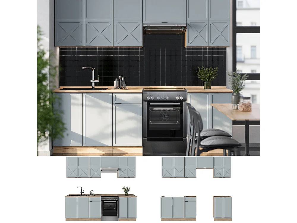 Cuisine bleu clair-gris/chêne force dor 240x46x81.6 fame-line