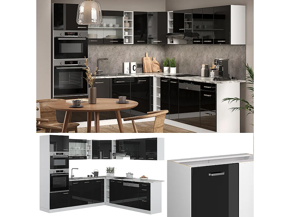 Cocina esquinera negro brillo/blanco 247x60x81.6 r-line