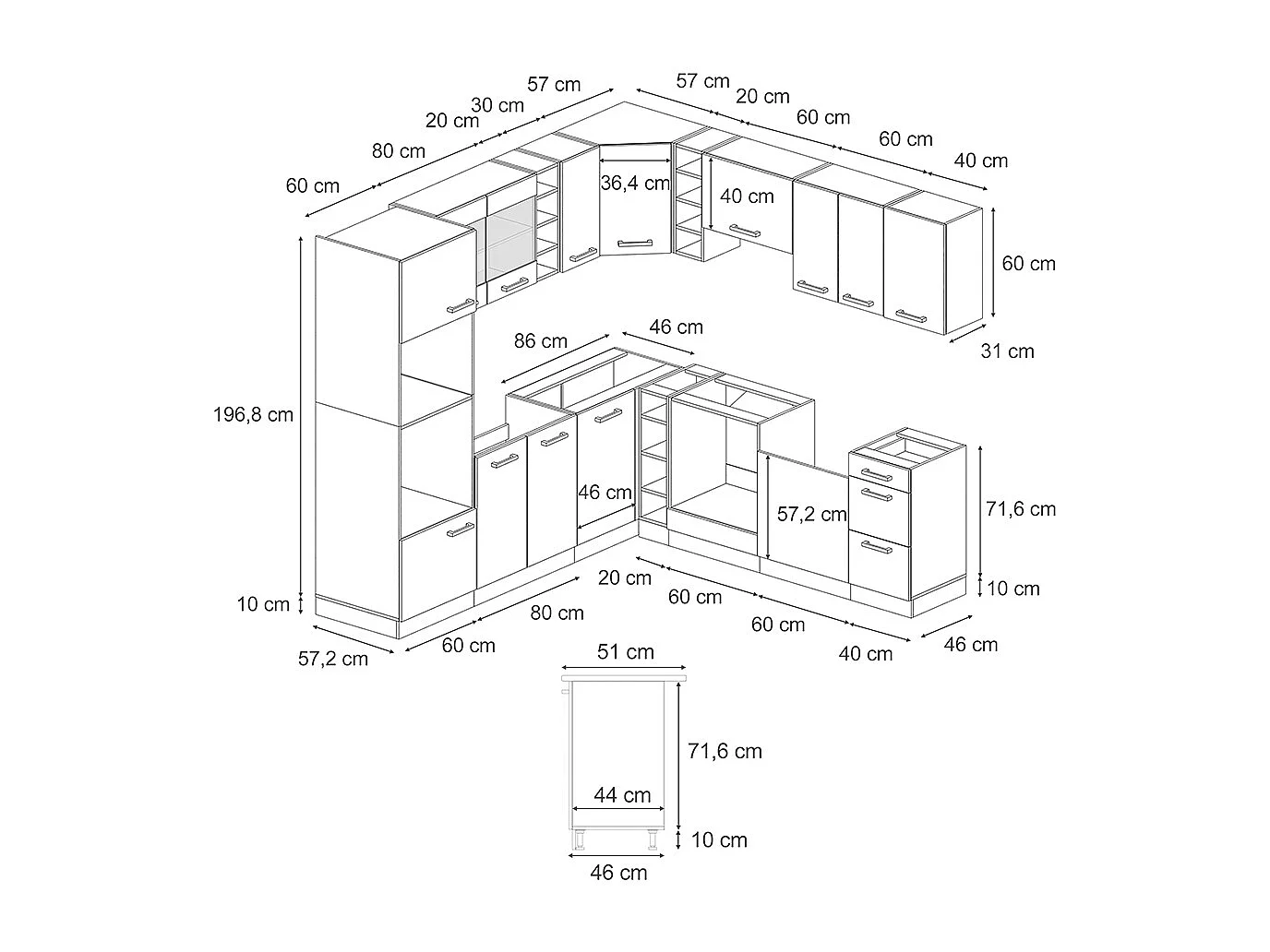 Cocina esquinera negro brillo/blanco 247x60x81.6 r-line