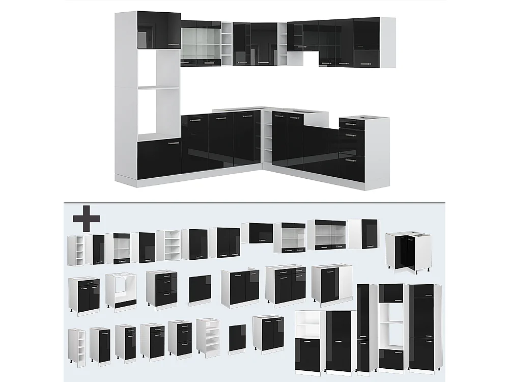 Cuisine en angle noir brillant/blanc 247x60x81.6 r-line