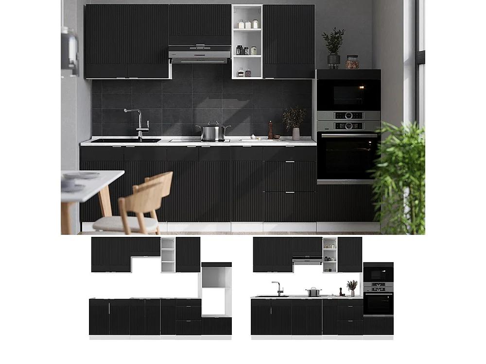 Mueble de cocina negro a rayas/blanco 280x46x81.6 fame-line