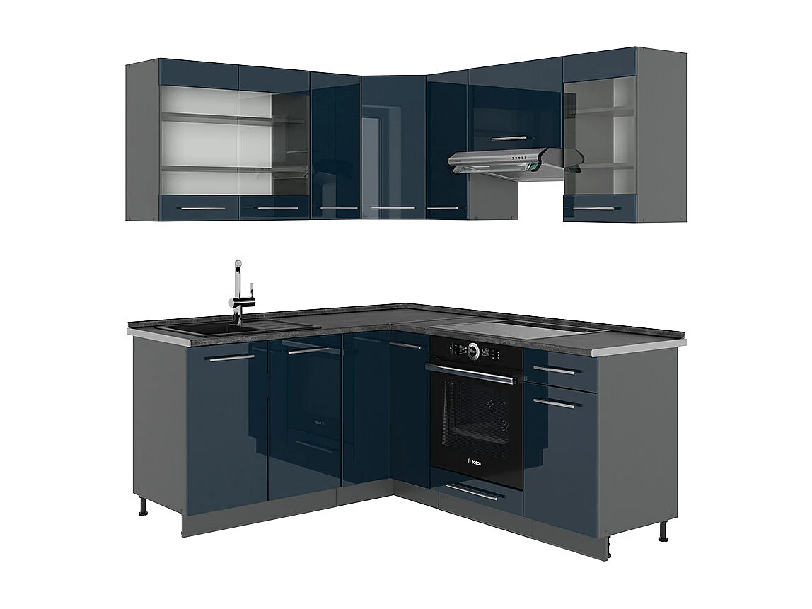 Eckküche dunkelblau hochglanz/anthrazit 190x60x81.6 fame-line