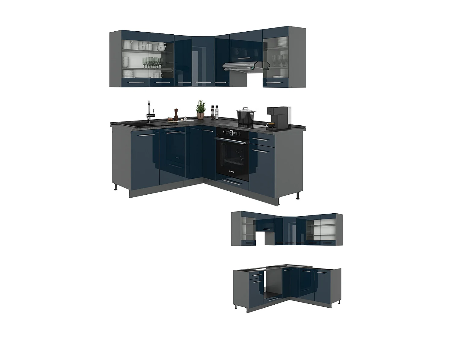 Eckküche dunkelblau hochglanz/anthrazit 190x60x81.6 fame-line