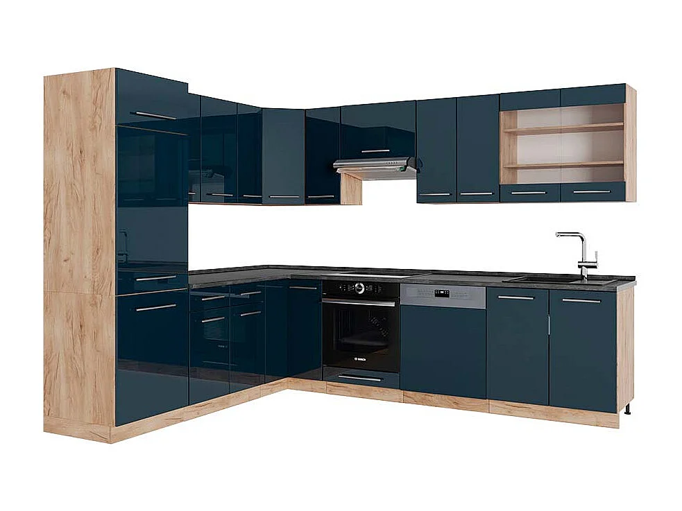 Cuisine en angle bleu foncé brillant/chêne doré 227x60x81.6 fame-line