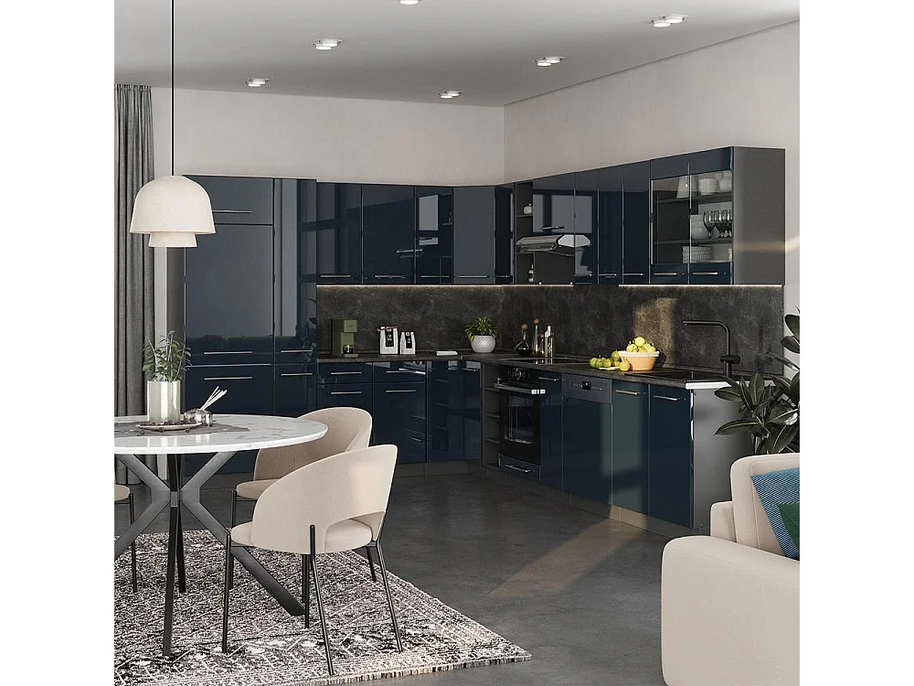 Hoekkeuken donkerblauw hoogglans/goudkleurig eiken 287x60x81.6 fame-line