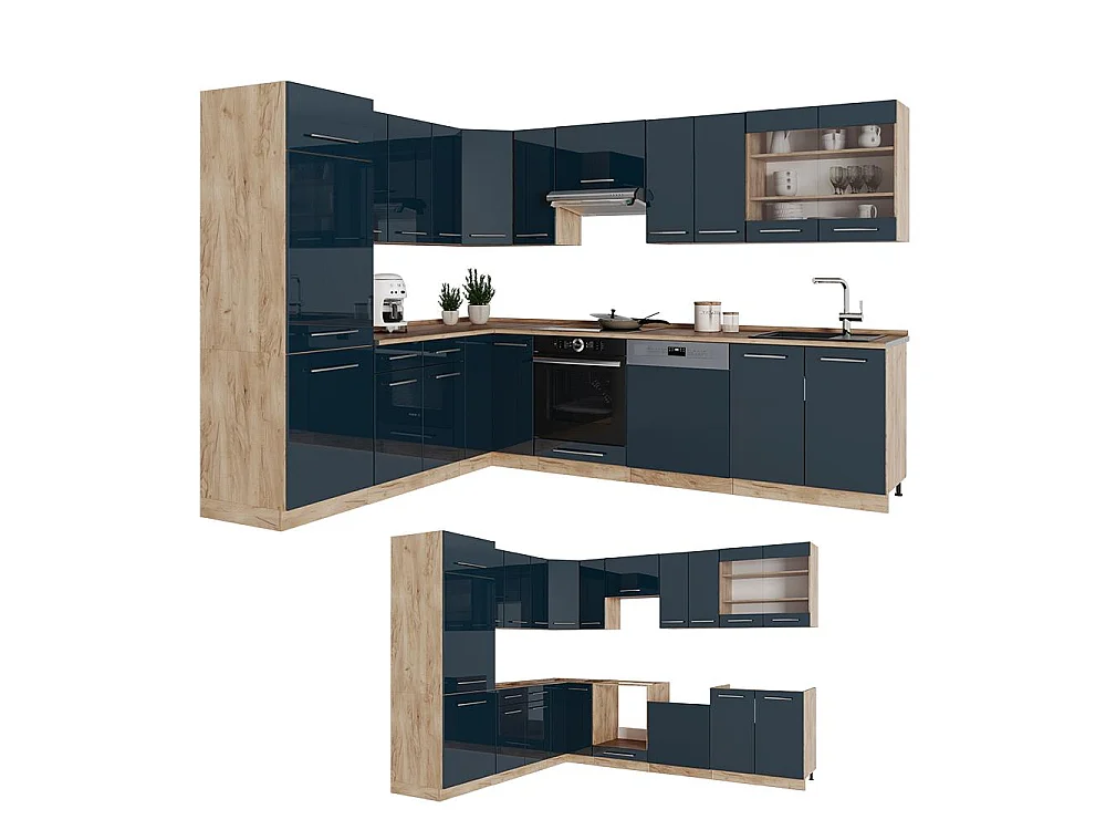 Hoekkeuken donkerblauw hoogglans/goudkleurig eiken 287x60x81.6 fame-line