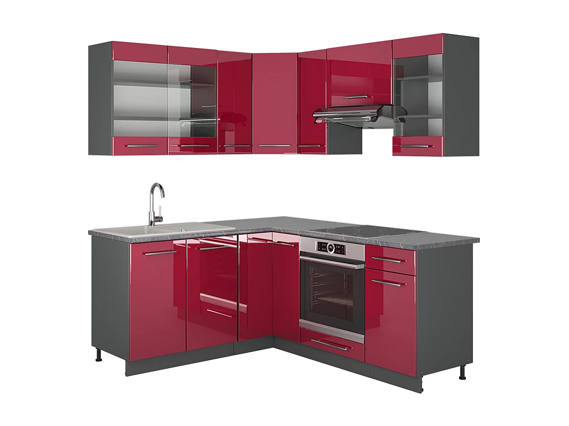 Cuisine en angle bordeaux haute brillance/anthracite 190x46x81.6 fame-line