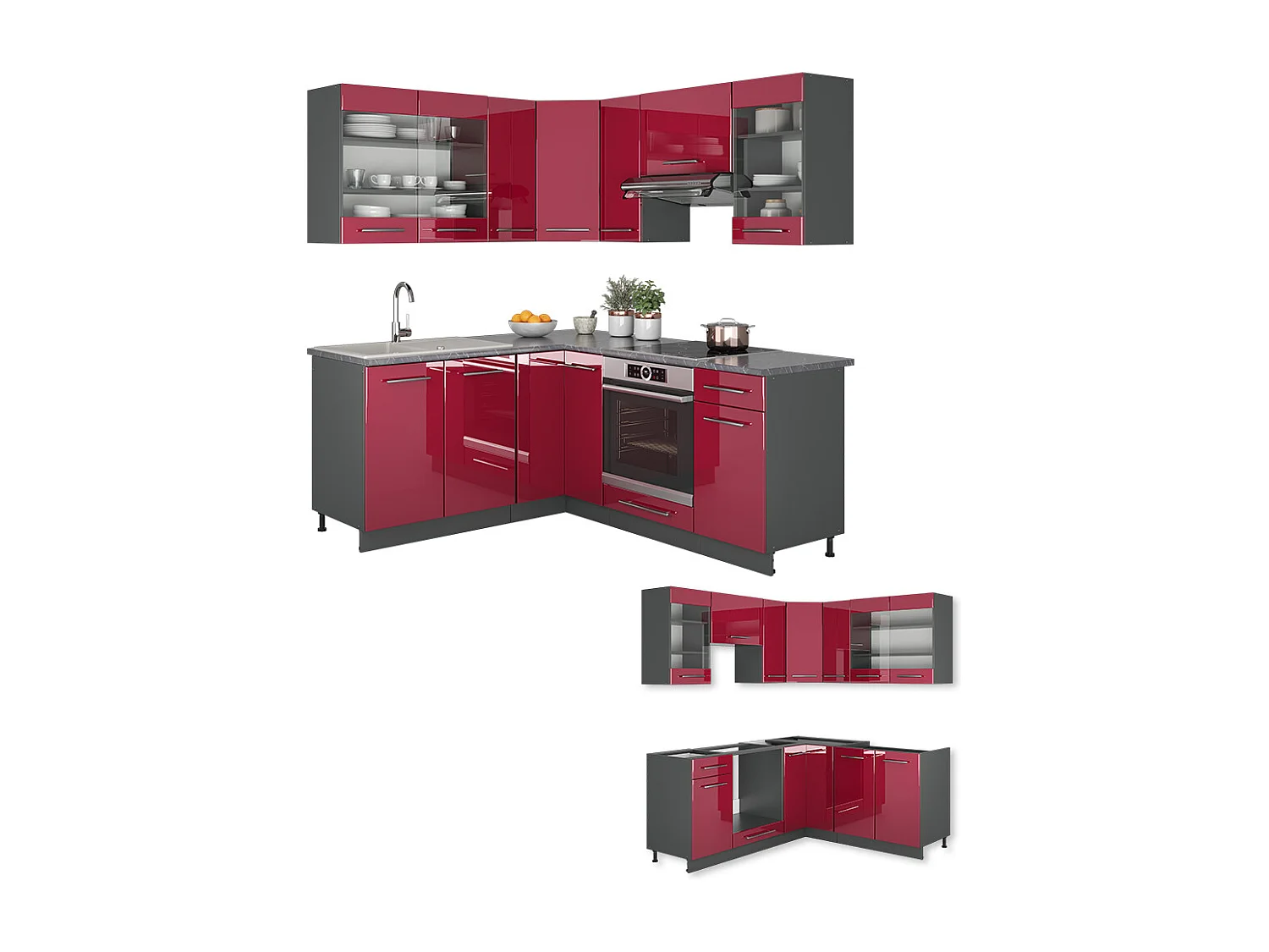 Cuisine en angle bordeaux haute brillance/anthracite 190x46x81.6 fame-line