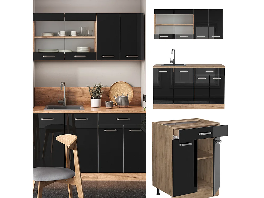 Cuisine noir brillant/chêne doré 140x60x81.6 r-line