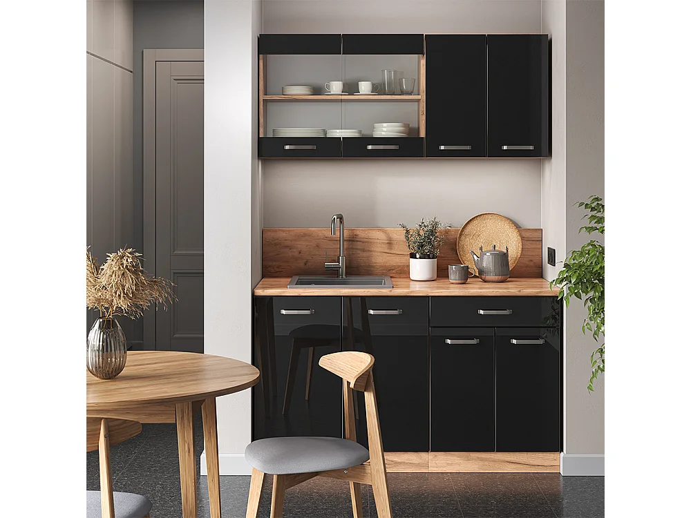 Cuisine noir brillant/chêne doré 140x60x81.6 r-line