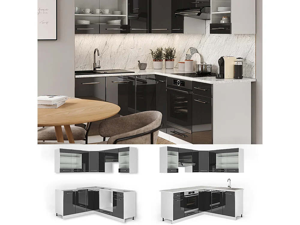 Cuisine en angle anthracite haute brillance 190x46x81.6 fame-line