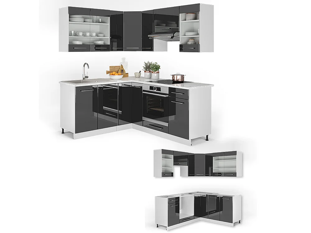 Cuisine en angle anthracite haute brillance 190x46x81.6 fame-line