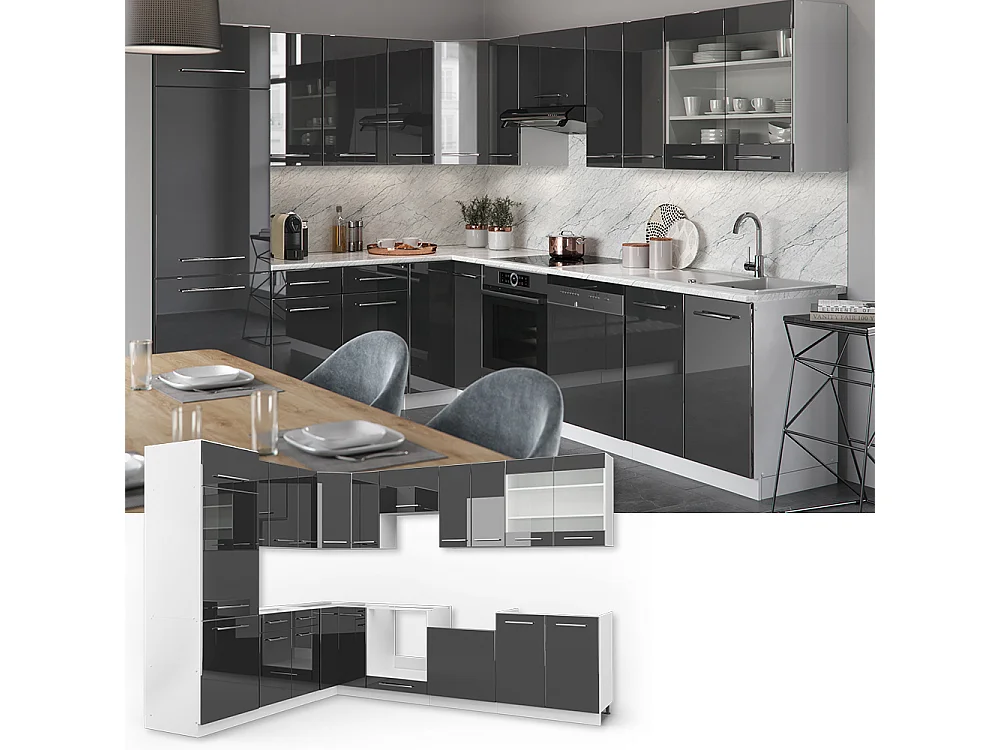 Cuisine en angle anthracite brillant/blanc 287x60x81.6 fame-line