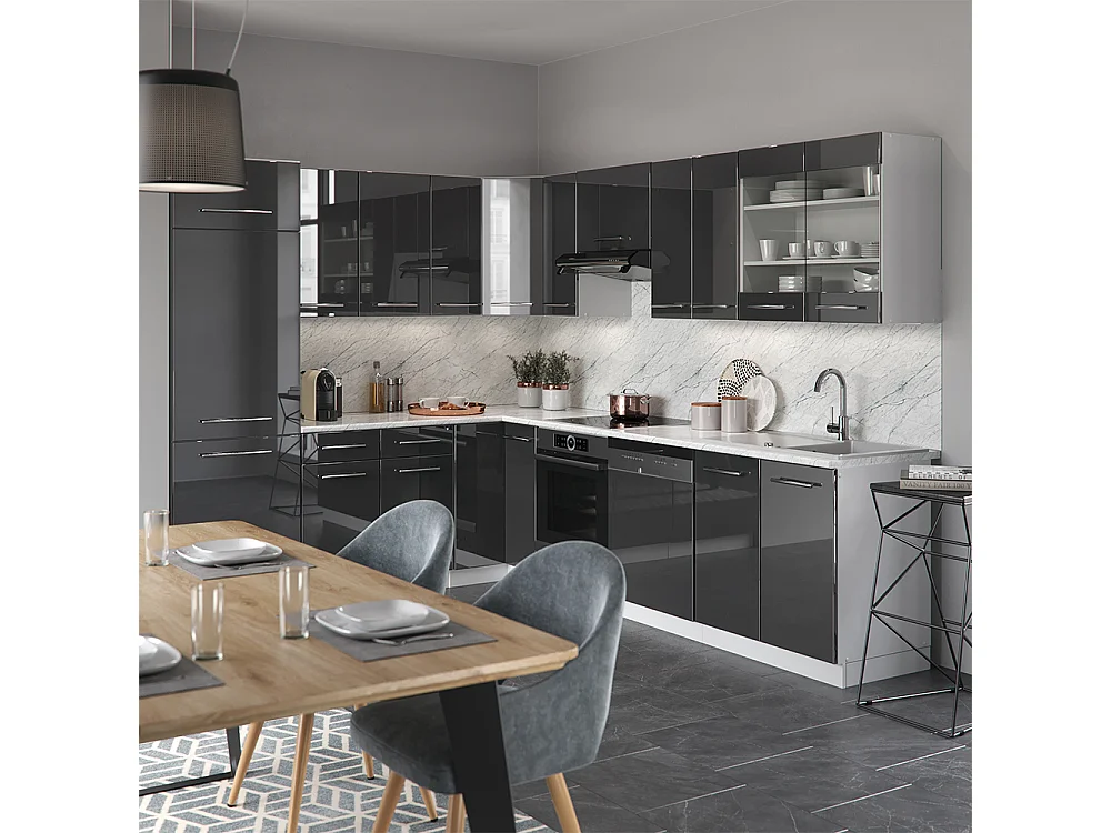 Cuisine en angle anthracite brillant/blanc 287x60x81.6 fame-line