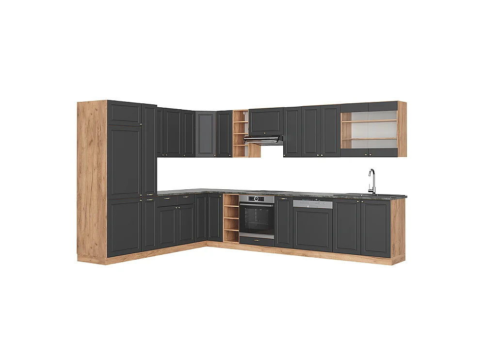 Hjørnekøkken antracit country house/guld kraft eg 347x60x81.6 fame-line