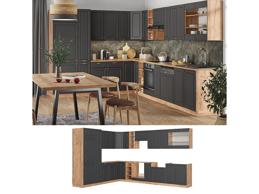 Hjørnekøkken antracit country house/guld kraft eg 347x60x81.6 fame-line