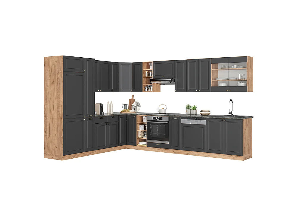 Hjørnekøkken antracit country house/guld kraft eg 347x60x81.6 fame-line