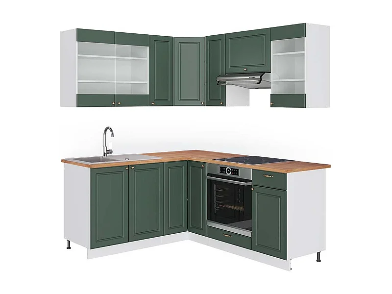 Cocina esquinera verde-dorado casa de campo/blanco 190x60x81.6 fame-line