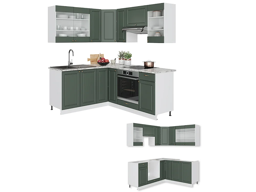 Cucina angolare completa Verde-oro rustico/bianco 190x60x81.6 fame-line